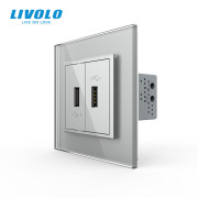 Подвійна розетка USB LIVOLO з блоком живлення, сіра, скляна рамка, настінна, для зарядки телефонів і гаджетів