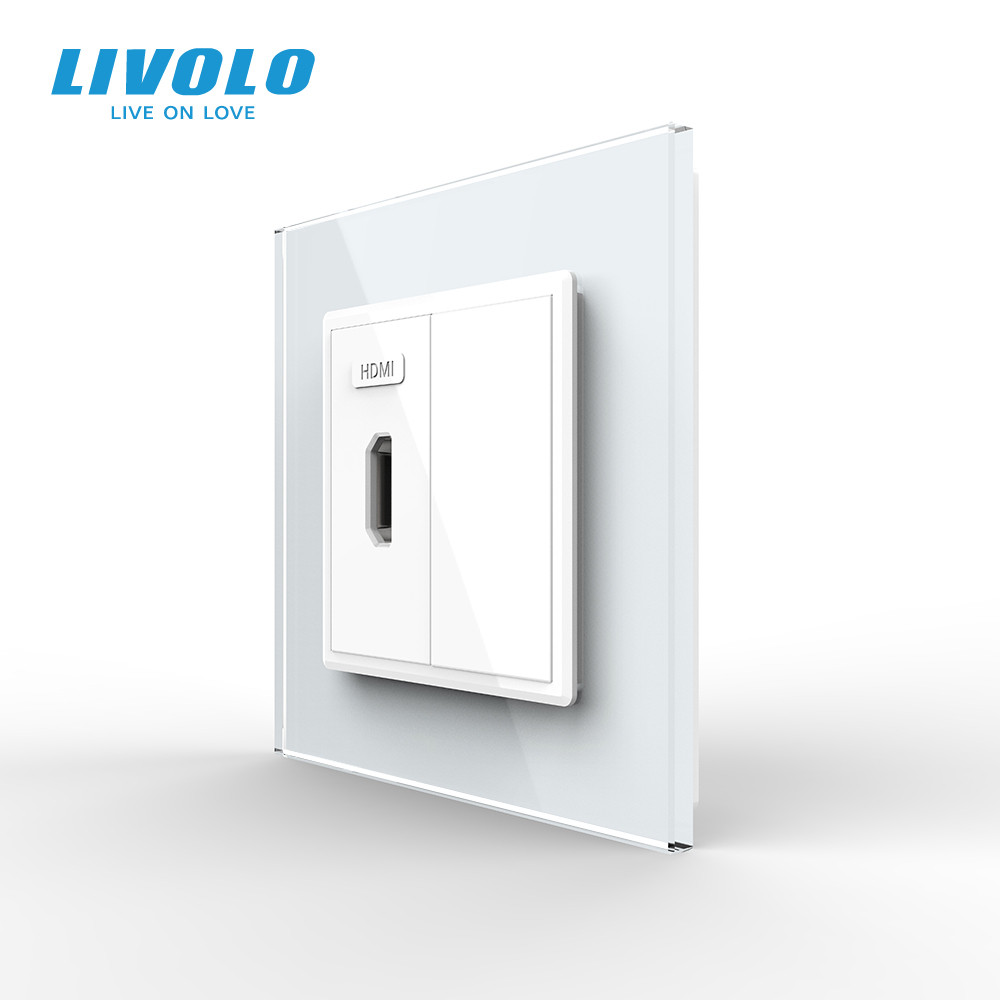 Розетка HDMI LIVOLO, біла, скляна рамка, настінна для телевізора, дизайнерська