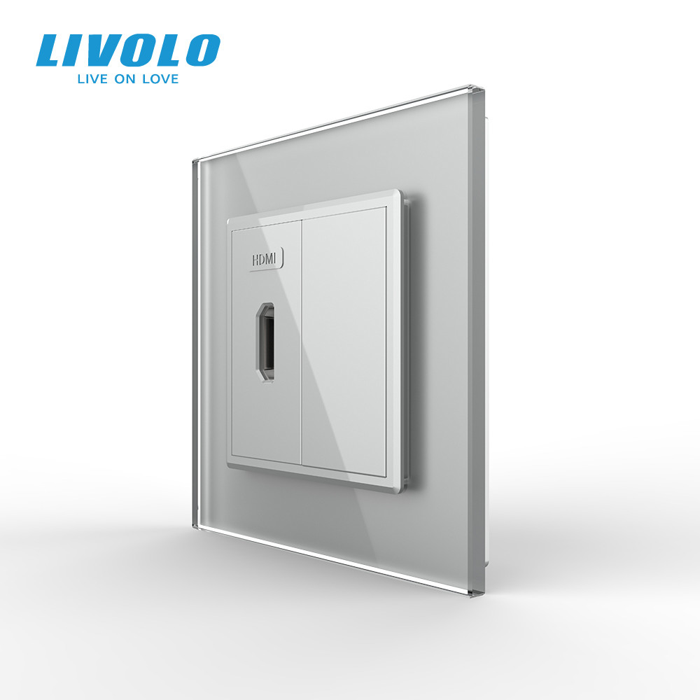 Розетка HDMI LIVOLO, сіра, скляна рамка, настінна для телевізора, дизайнерська