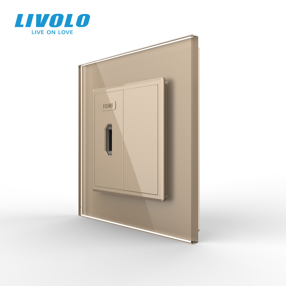 Розетка HDMI LIVOLO, золота, скляна рамка, настінна для телевізора, дизайнерська