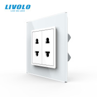 Подвійна універсальна розетка LIVOLO 2 стандарти в 1, біла, дизайнерська, настінна, скляна рамка