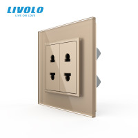 Подвійна універсальна розетка LIVOLO 2 стандарти в 1, золота, дизайнерська, настінна, скляна рамка