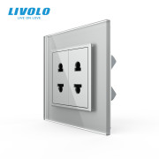 Подвійна універсальна розетка LIVOLO 2 стандарти в 1, сіра, дизайнерська, настінна, скляна рамка