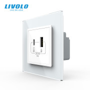 Розетка USB-A та USB-C LIVOLO з Power Delivery 36Вт, біла, скляна рамка, настінна, дизайнерська