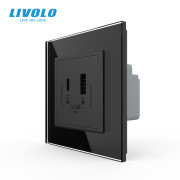 Розетка USB-A та USB-C LIVOLO з Power Delivery 36Вт, чорна, скляна рамка, настінна, дизайнерська