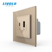 Розетка USB-A та USB-C LIVOLO з Power Delivery 36Вт, золота, скляна рамка, настінна, дизайнерська
