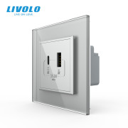 Розетка USB-A та USB-C LIVOLO з Power Delivery 36Вт, сіра, скляна рамка, настінна, дизайнерська