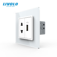 Універсальна розетка з USB-портом 10 Вт LIVOLO, біла, скляна рамка, настінна, дизайнерська