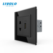 Універсальна розетка з USB-портом LIVOLO, чорна, скляна рамка, настінна, дизайнерська