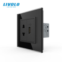 Універсальна розетка з USB-портом LIVOLO, чорна, скляна рамка, настінна, дизайнерська