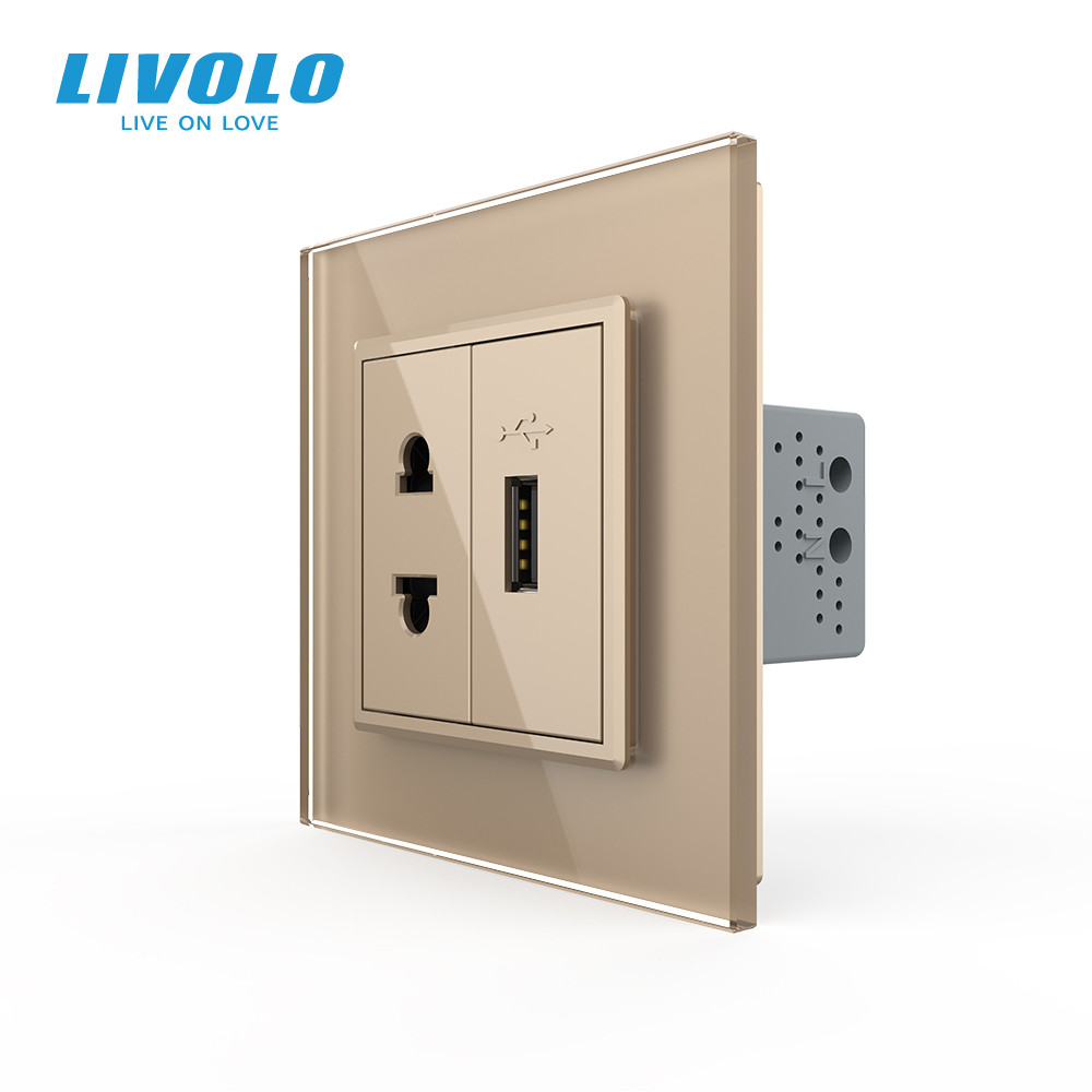Універсальна розетка з USB-портом LIVOLO, золота, скляна рамка, настінна, дизайнерська