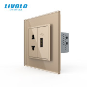 Універсальна розетка з USB-портом LIVOLO, золота, скляна рамка, настінна, дизайнерська