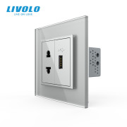 Універсальна розетка з USB-портом LIVOLO, сіра, скляна рамка, настінна, дизайнерська