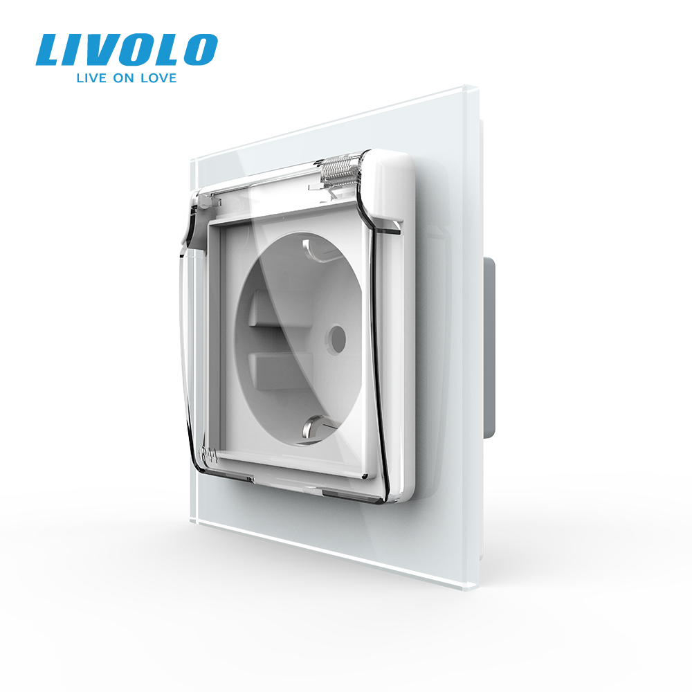 Електрична розетка LIVOLO з кришкою IP44, заземлення, біла, настінна дизайнерська, скляна рамка, 250В 16А