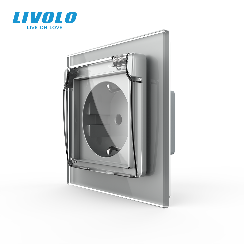 Електрична розетка LIVOLO з кришкою IP44, заземлення, сіра, настінна дизайнерська, скляна рамка, 250В 16А