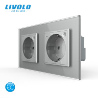 Розумна подвійна електрична розетка LIVOLO, заземлення, сіра, настінна дизайнерська, скляна рамка, 250В 16А