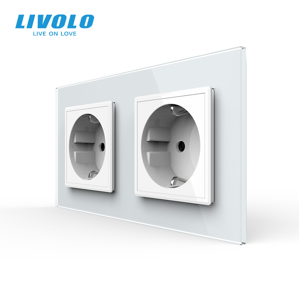 Подвійна електрична розетка LIVOLO, заземлення, шторки, біла, настінна дизайнерська, скляна рамка, 250В 16А