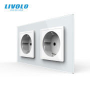 Подвійна електрична розетка LIVOLO, заземлення, шторки, біла, настінна дизайнерська, скляна рамка, 250В 16А