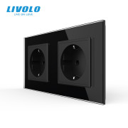 Подвійна електрична розетка LIVOLO, заземлення, шторки, чорна, настінна дизайнерська, скляна рамка, 250В 16А