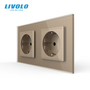 Подвійна електрична розетка LIVOLO, заземлення, шторки, золота, настінна дизайнерська, скляна рамка, 250В 16А