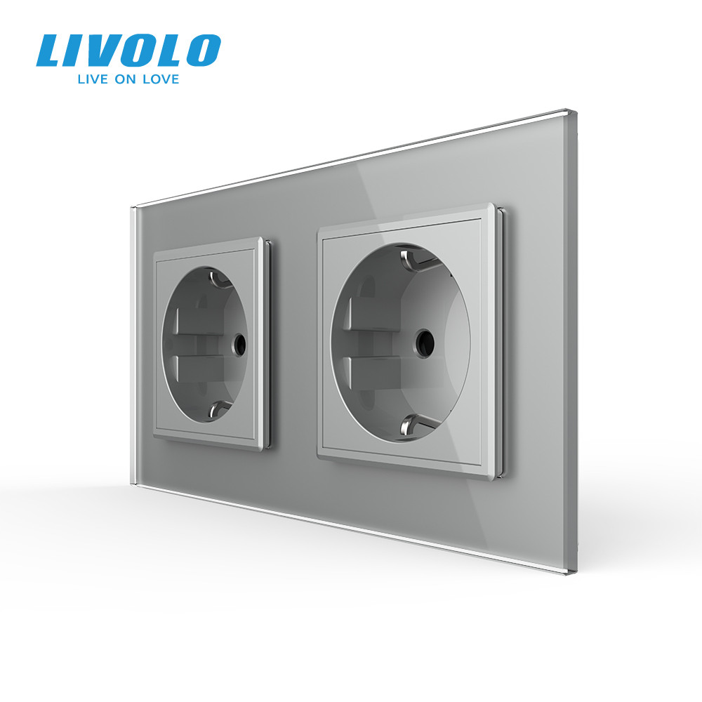 Подвійна електрична розетка LIVOLO, заземлення, шторки, сіра, настінна дизайнерська, скляна рамка, 250В 16А