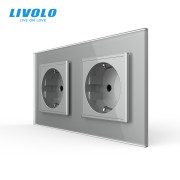 Подвійна електрична розетка LIVOLO, заземлення, шторки, сіра, настінна дизайнерська, скляна рамка, 250В 16А