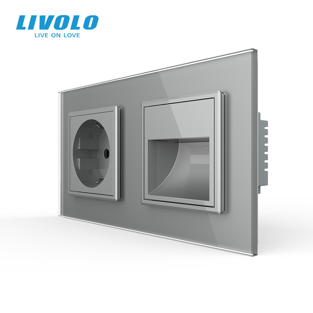 Розетка-світильник LIVOLO для сходів і коридору, 2700K, 230В, 0.35Вт, сіра, скляна рамка
