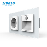 Розетка з світильником для сходів LIVOLO, з датчиком руху та освітлення, 2700K, 230В, 0.35Вт, білий, скло