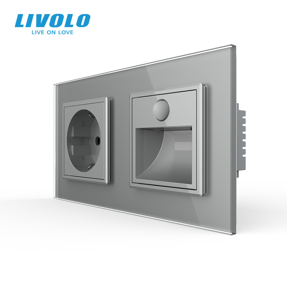 Розетка з світильником для сходів LIVOLO, з датчиком руху та освітлення, 2700K, 230В, 0.35Вт, сірий, скло