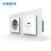 Розетка LIVOLO з USB-C Power Delivery 45Вт, біла, настінна дизайнерська, скляна рамка