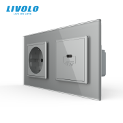 Розетка LIVOLO з USB-C Power Delivery 45Вт, сіра, настінна дизайнерська, скляна рамка