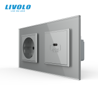 Розетка LIVOLO з USB-C Power Delivery 45Вт, сіра, настінна дизайнерська, скляна рамка