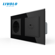 Розетка LIVOLO з USB-C Power Delivery 45Вт, чорна, настінна дизайнерська, скляна рамка