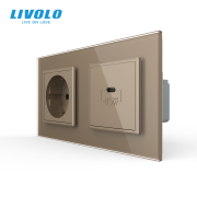 Розетка LIVOLO з USB-C Power Delivery 45Вт, золота, настінна дизайнерська, скляна рамка