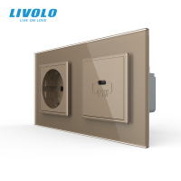 Розетка LIVOLO з USB-C Power Delivery 45Вт, золота, настінна дизайнерська, скляна рамка