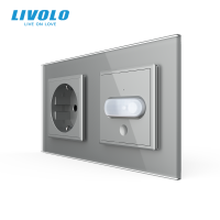 Розетка LIVOLO із заземленням і датчиком руху, сіра, настінна дизайнерська, скляна рамка, 250В 16А