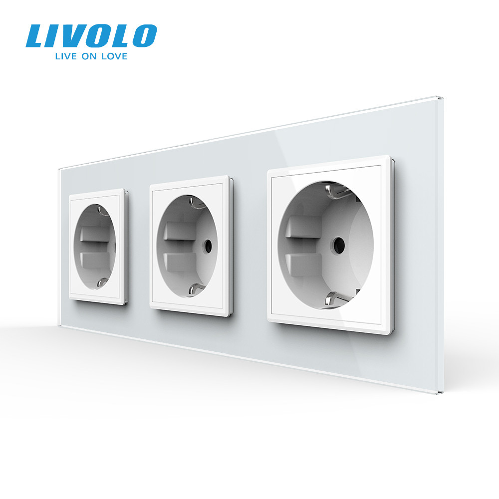 Потрійна електрична розетка LIVOLO із заземленням, шторки, біла, скляна рамка, 250В 16А
