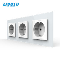 Потрійна електрична розетка LIVOLO із заземленням, шторки, біла, скляна рамка, 250В 16А
