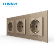 Потрійна електрична розетка LIVOLO із заземленням, шторки, золота, скляна рамка, 250В 16А