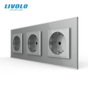 Потрійна електрична розетка LIVOLO із заземленням, шторки, сіра, скляна рамка, 250В 16А