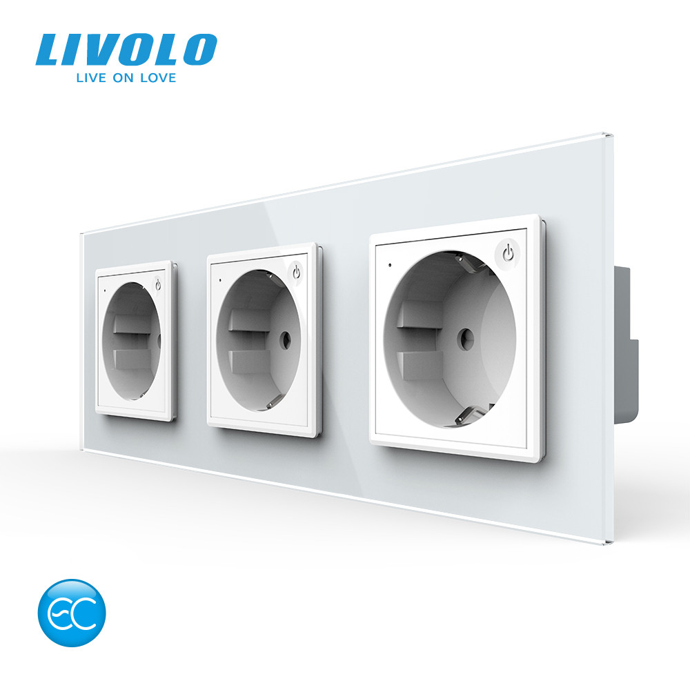 Розумна потрійна електрична розетка LIVOLO із заземленням, шторки, біла, скляна рамка, 250В 16А