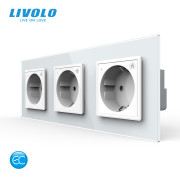 Розумна потрійна електрична розетка LIVOLO із заземленням, шторки, біла, скляна рамка, 250В 16А