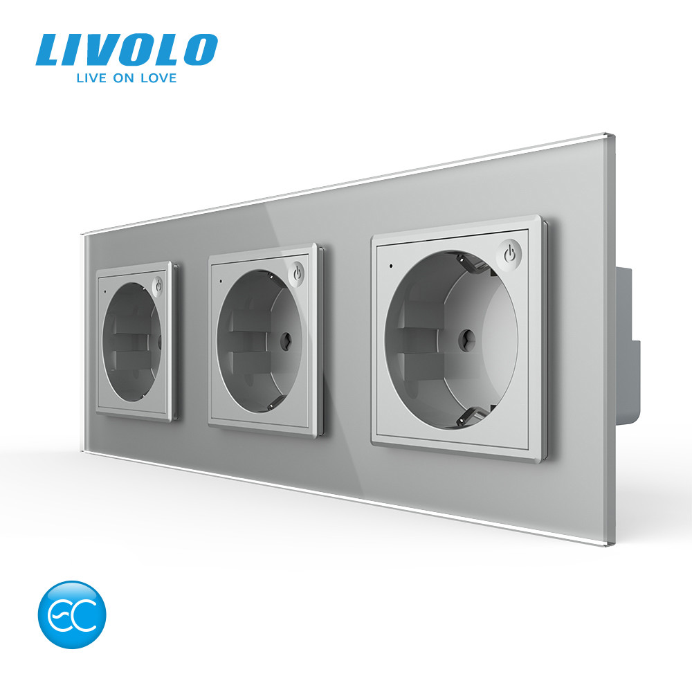 Розумна потрійна електрична розетка LIVOLO із заземленням, шторки, сіра, скляна рамка, 250В 16А