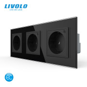 Розумна потрійна електрична розетка LIVOLO із заземленням, шторки, чорна, скляна рамка, 250В 16А