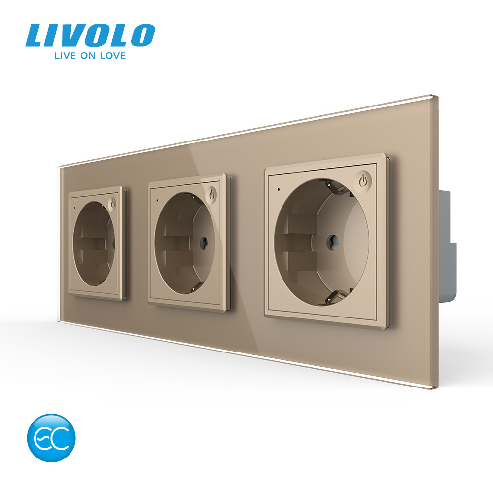 Розумна потрійна електрична розетка LIVOLO із заземленням, шторки, золота, скляна рамка, 250В 16А
