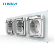 Потрійна електрична розетка LIVOLO з кришкою IP44, із заземленням, шторки, біла, скляна рамка, 250В 16А
