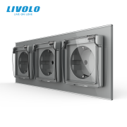 Потрійна електрична розетка LIVOLO з кришкою IP44, із заземленням, шторки, сіра, скляна рамка, 250В 16А