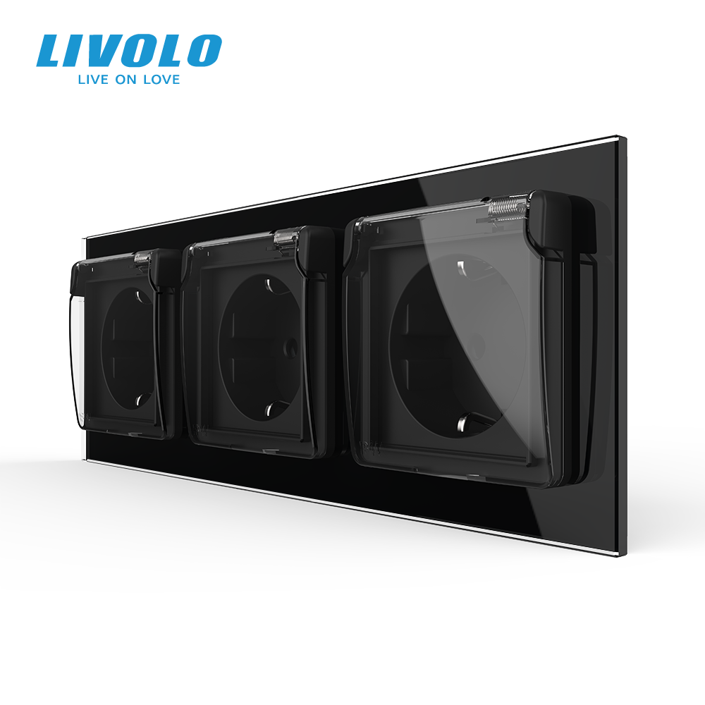 Потрійна електрична розетка LIVOLO з кришкою IP44, із заземленням, шторки, чорна, скляна рамка, 250В 16А