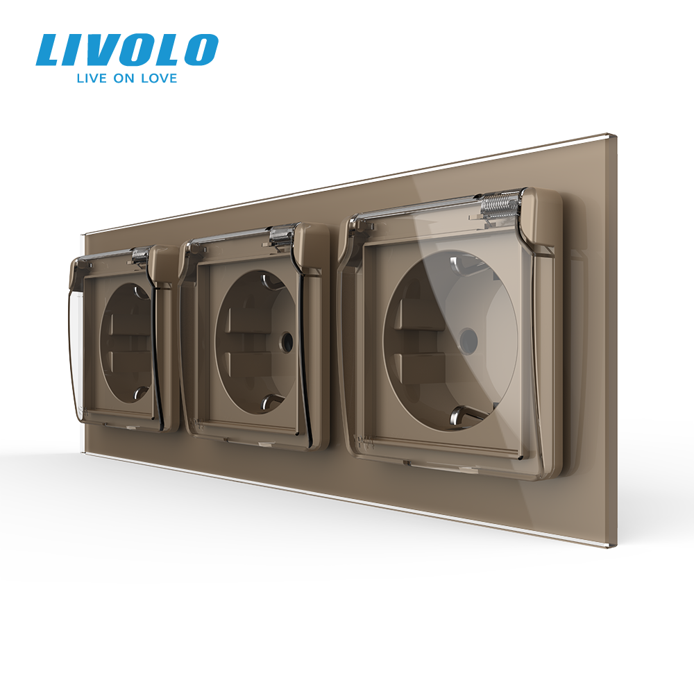 Потрійна електрична розетка LIVOLO з кришкою IP44, із заземленням, шторки, золота, скляна рамка, 250В 16А