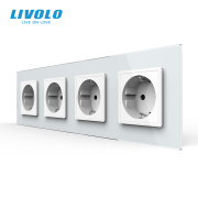 Чотиримісна електрична розетка LIVOLO із заземленням, шторки, біла, скляна рамка, 250В 16А